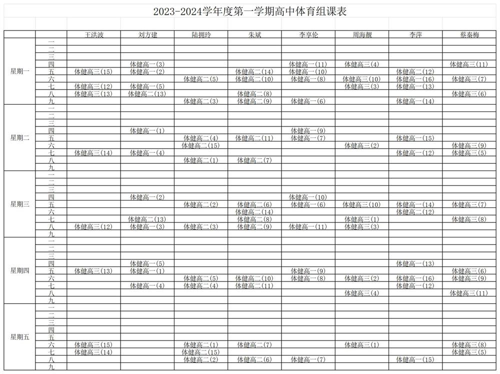 2023-2024第一学期体育老师课表新_高中体育组课表